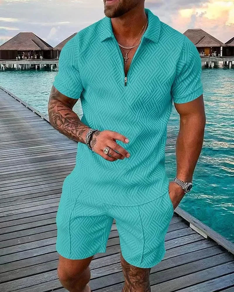 Hawaii New Men's Polo Suit Fashion Men Casual Sets Solid Summer V-neck Zipper Short Sleeve POLO Shirt+Shorts Two Pieces Suit