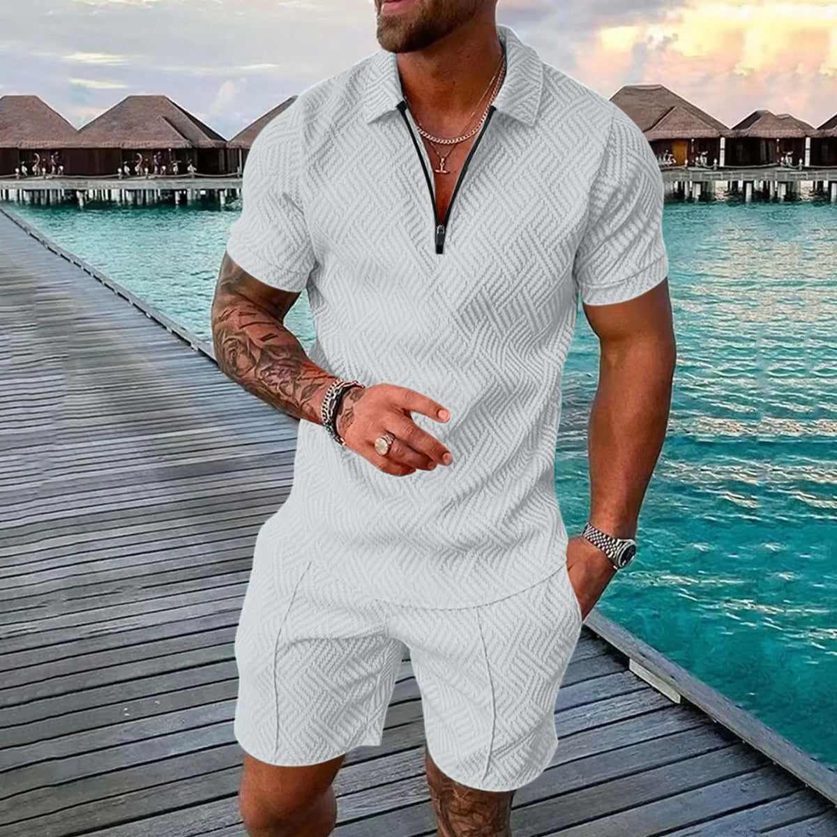 Hawaii New Men's Polo Suit Fashion Men Casual Sets Solid Summer V-neck Zipper Short Sleeve POLO Shirt+Shorts Two Pieces Suit