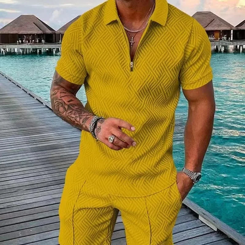 Hawaii New Men's Polo Suit Fashion Men Casual Sets Solid Summer V-neck Zipper Short Sleeve POLO Shirt+Shorts Two Pieces Suit