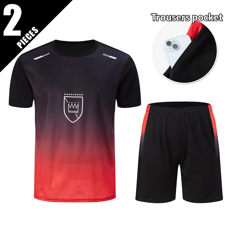 2-Piece Men's Summer Quick Drying Sports Suit Loose And Breathable Short Sleeved T-shirt Running And Fitness Black Pocket Shorts