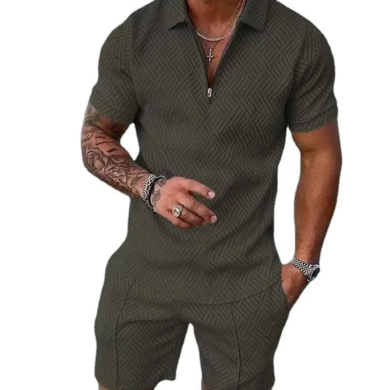 Hawaii New Men's Polo Suit Fashion Men Casual Sets Solid Summer V-neck Zipper Short Sleeve POLO Shirt+Shorts Two Pieces Suit