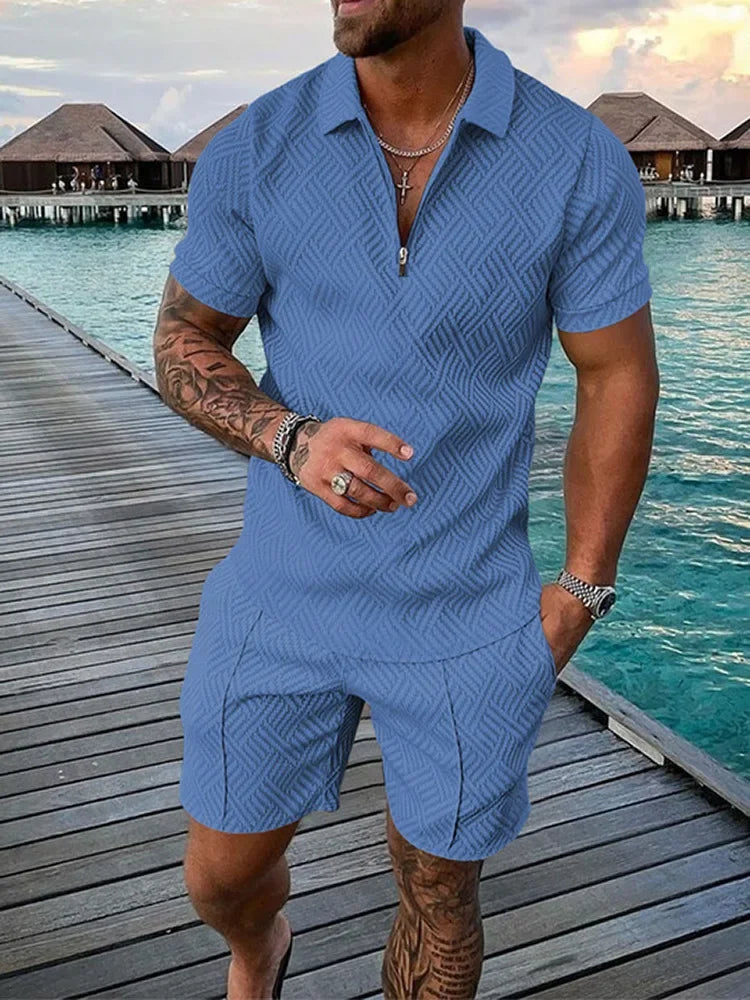 Hawaii New Men's Polo Suit Fashion Men Casual Sets Solid Summer V-neck Zipper Short Sleeve POLO Shirt+Shorts Two Pieces Suit