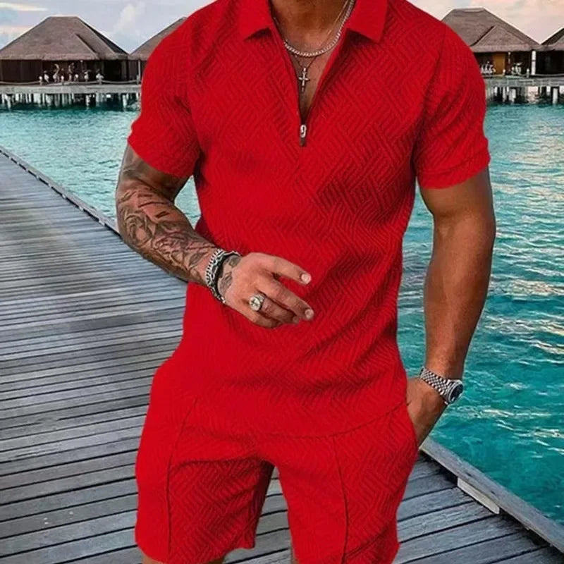 Hawaii New Men's Polo Suit Fashion Men Casual Sets Solid Summer V-neck Zipper Short Sleeve POLO Shirt+Shorts Two Pieces Suit