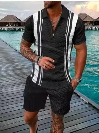 Hawaii New Men's Polo Suit Fashion Men Casual Sets Solid Summer V-neck Zipper Short Sleeve POLO Shirt+Shorts Two Pieces Suit