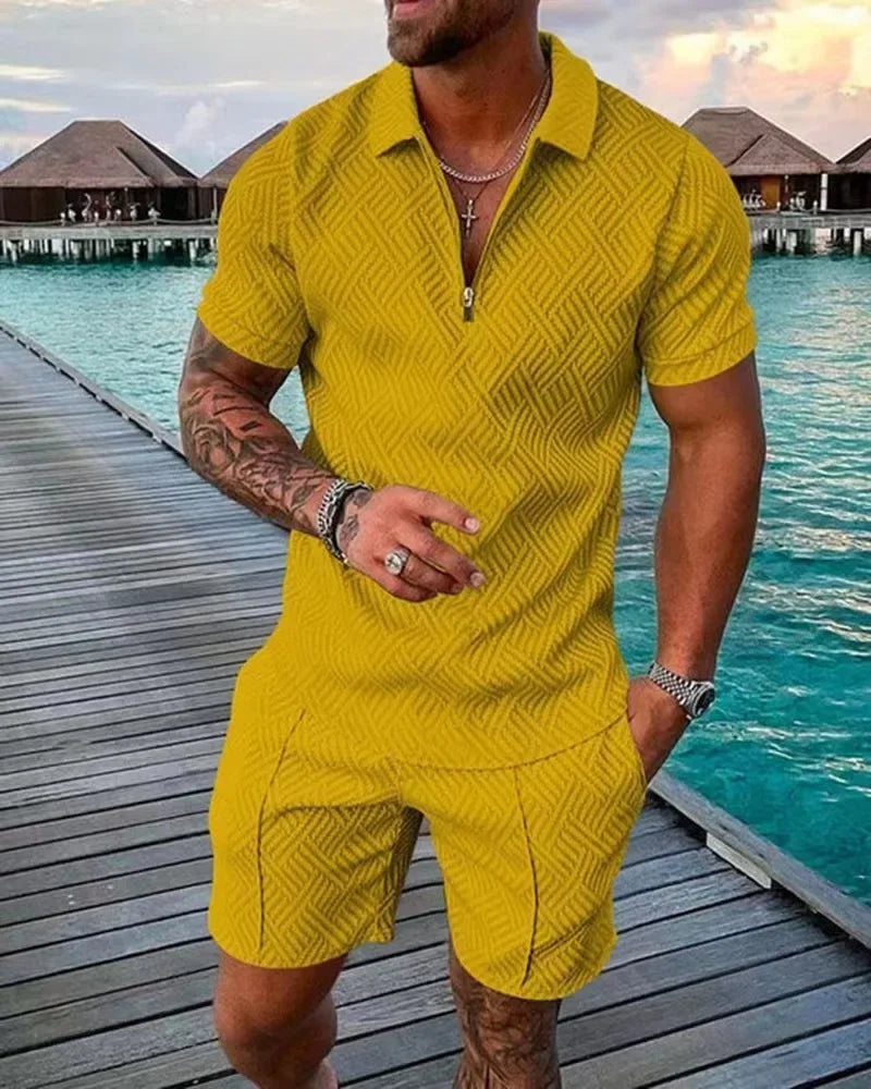 Hawaii New Men's Polo Suit Fashion Men Casual Sets Solid Summer V-neck Zipper Short Sleeve POLO Shirt+Shorts Two Pieces Suit