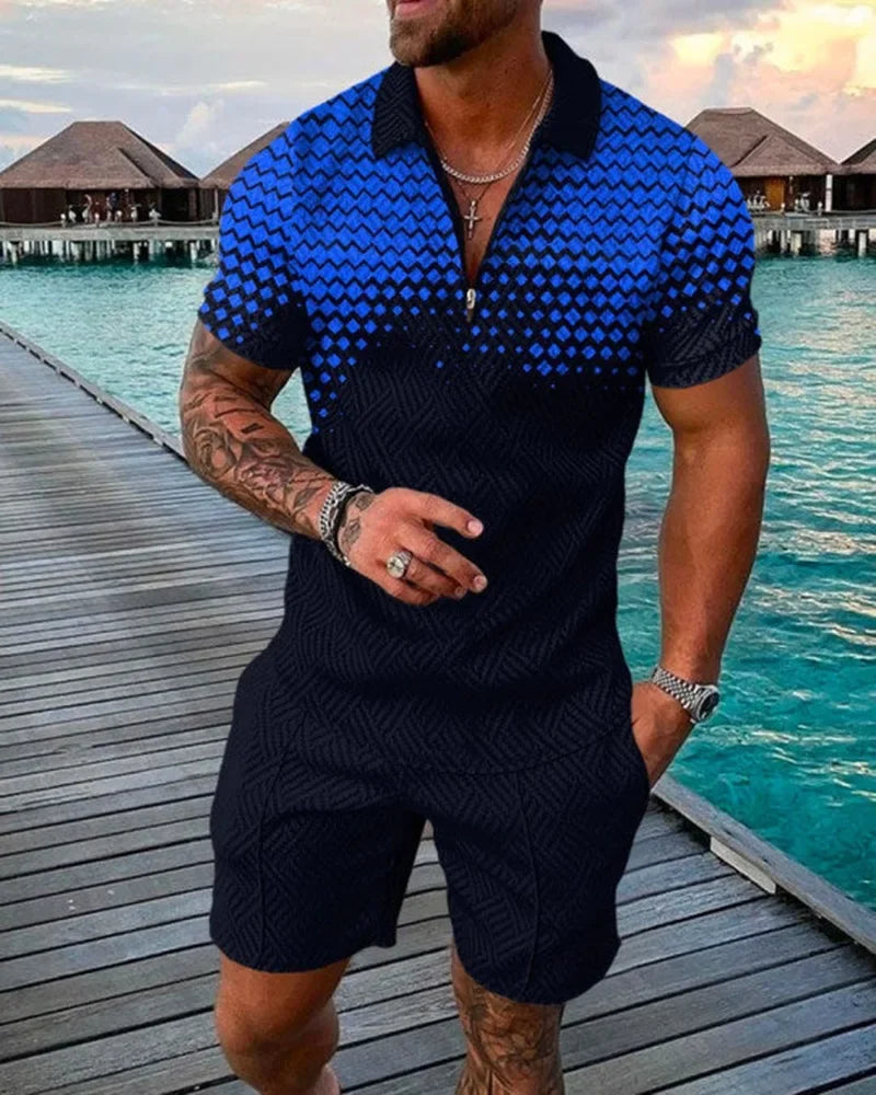 Hawaii New Men's Polo Suit Fashion Men Casual Sets Solid Summer V-neck Zipper Short Sleeve POLO Shirt+Shorts Two Pieces Suit