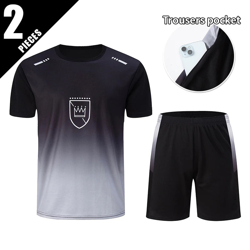 2-Piece Men's Summer Quick Drying Sports Suit Loose And Breathable Short Sleeved T-shirt Running And Fitness Black Pocket Shorts