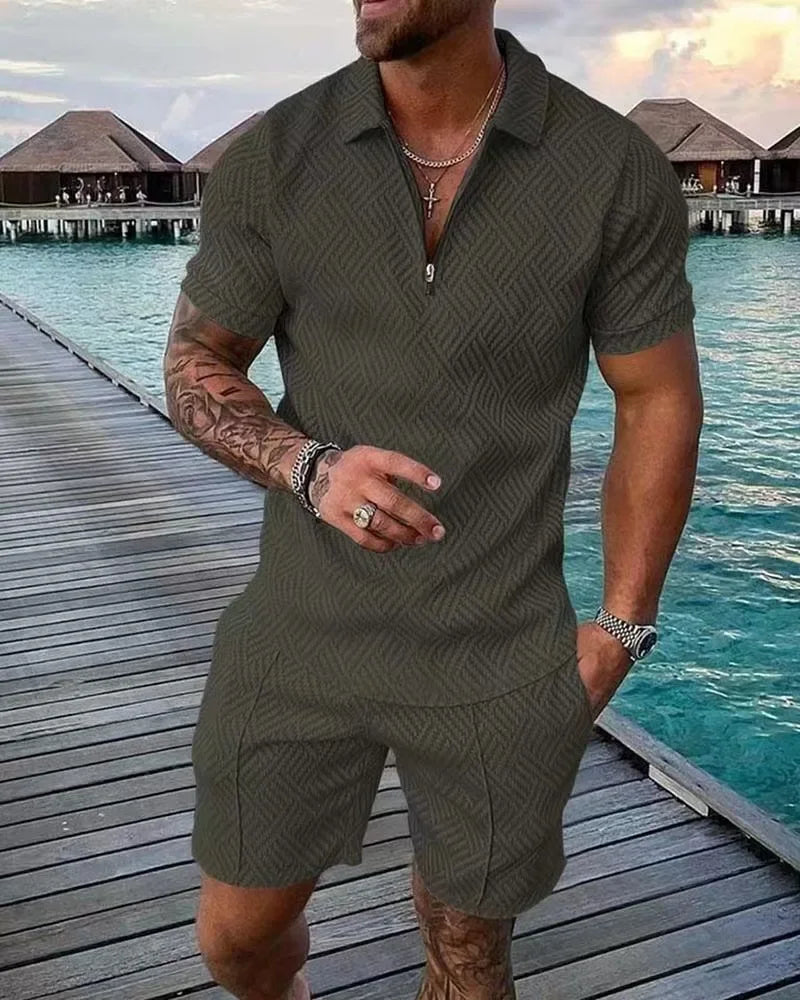 Hawaii New Men's Polo Suit Fashion Men Casual Sets Solid Summer V-neck Zipper Short Sleeve POLO Shirt+Shorts Two Pieces Suit