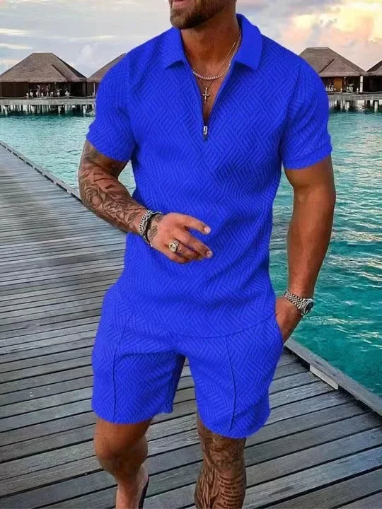 Hawaii New Men's Polo Suit Fashion Men Casual Sets Solid Summer V-neck Zipper Short Sleeve POLO Shirt+Shorts Two Pieces Suit