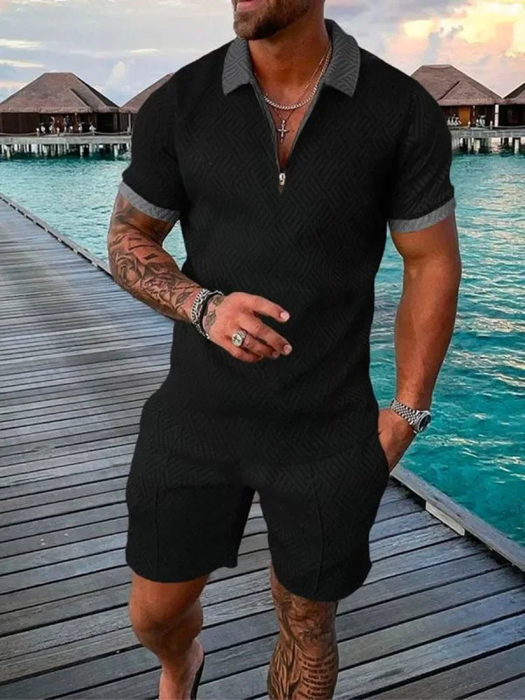 Hawaii New Men's Polo Suit Fashion Men Casual Sets Solid Summer V-neck Zipper Short Sleeve POLO Shirt+Shorts Two Pieces Suit