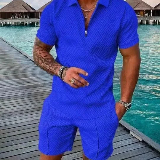 Hawaii New Men's Polo Suit Fashion Men Casual Sets Solid Summer V-neck Zipper Short Sleeve POLO Shirt+Shorts Two Pieces Suit
