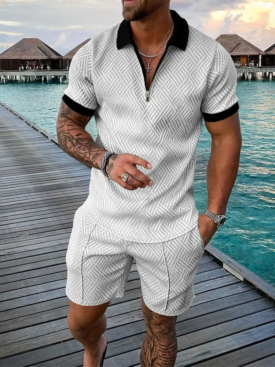 Hawaii New Men's Polo Suit Fashion Men Casual Sets Solid Summer V-neck Zipper Short Sleeve POLO Shirt+Shorts Two Pieces Suit