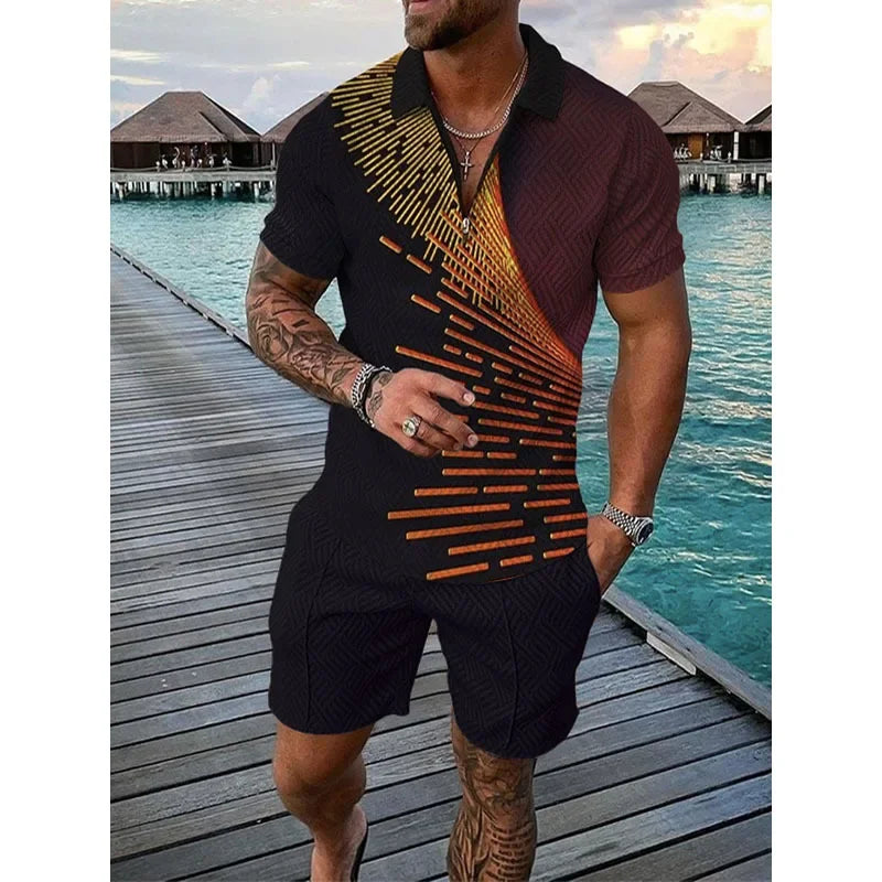 Hawaii New Men's Polo Suit Fashion Men Casual Sets Solid Summer V-neck Zipper Short Sleeve POLO Shirt+Shorts Two Pieces Suit
