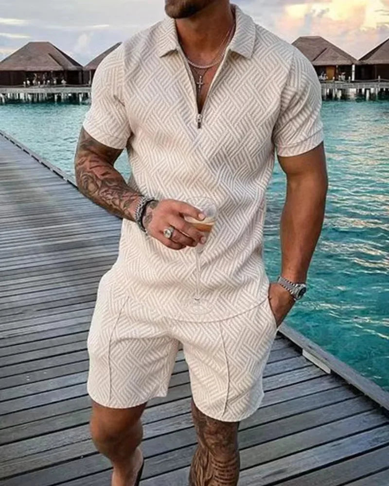 Hawaii New Men's Polo Suit Fashion Men Casual Sets Solid Summer V-neck Zipper Short Sleeve POLO Shirt+Shorts Two Pieces Suit