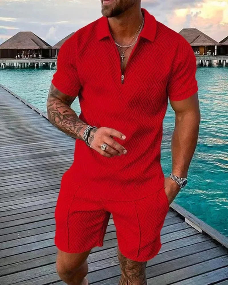 Hawaii New Men's Polo Suit Fashion Men Casual Sets Solid Summer V-neck Zipper Short Sleeve POLO Shirt+Shorts Two Pieces Suit