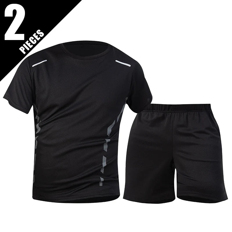 2-Piece Men's Summer Quick Drying Sports Suit Loose And Breathable Short Sleeved T-shirt Running And Fitness Black Pocket Shorts