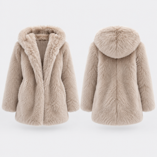Abrigo Soft Fur beige, vista frontal y trasera — imagen ilustrativa de catálogo
