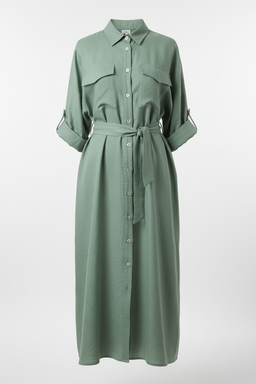 Vestido camisero lino verde salvia