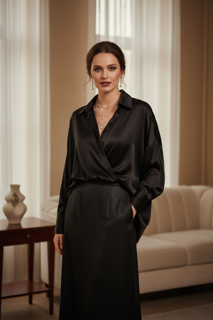 Camisa satén negra lifestyle mujer