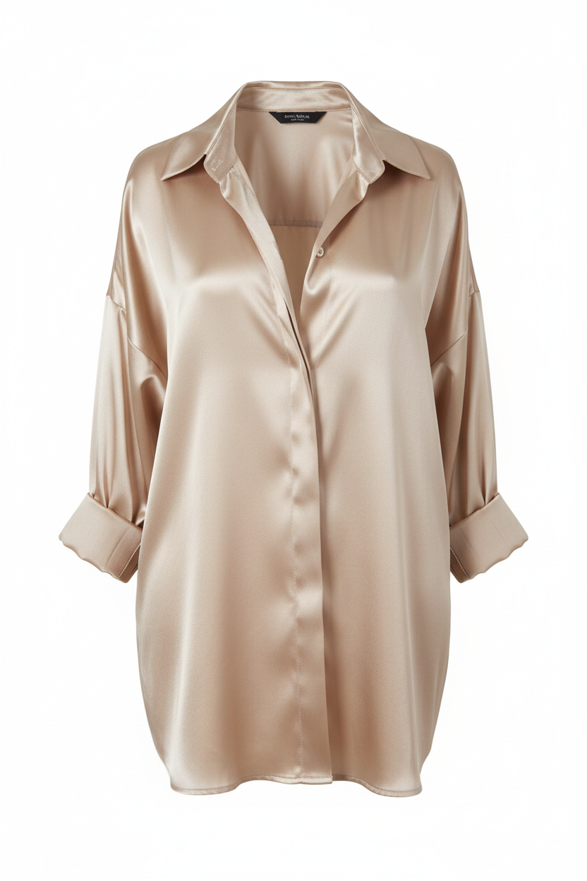 Camisa satén champán oversize mujer