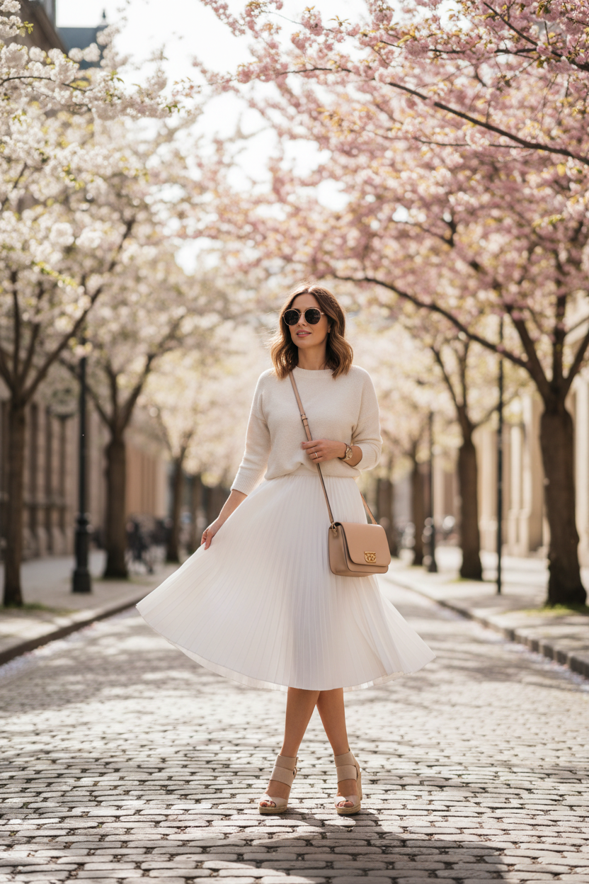 Falda midi plisada blanca lifestyle mujer