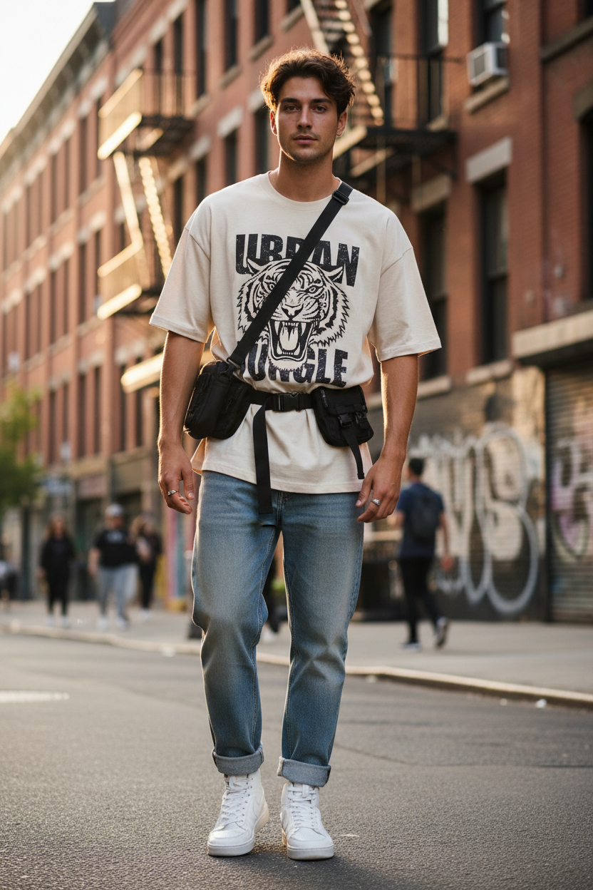 Camiseta oversize graphic tee beige lifestyle urbano