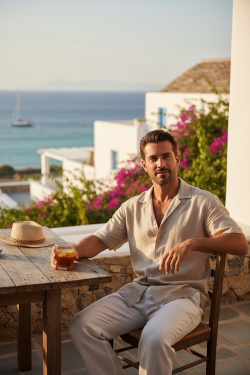 Camisa lino beige lifestyle verano mediterráneo hombre